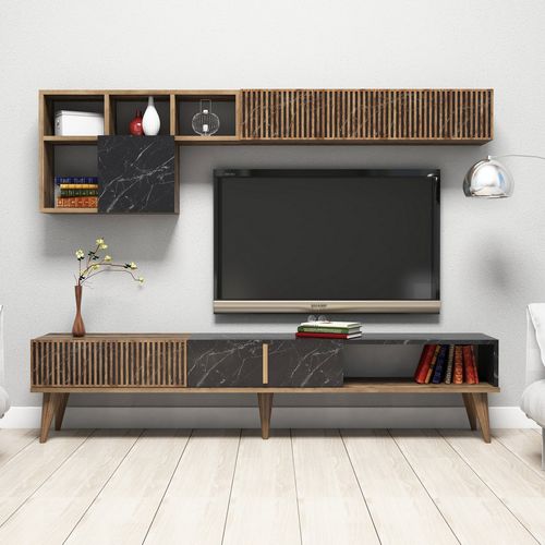 Esemble meuble TV en bois noyer et noir effet marbre Roma 180 cm - Photo n°2; ?>