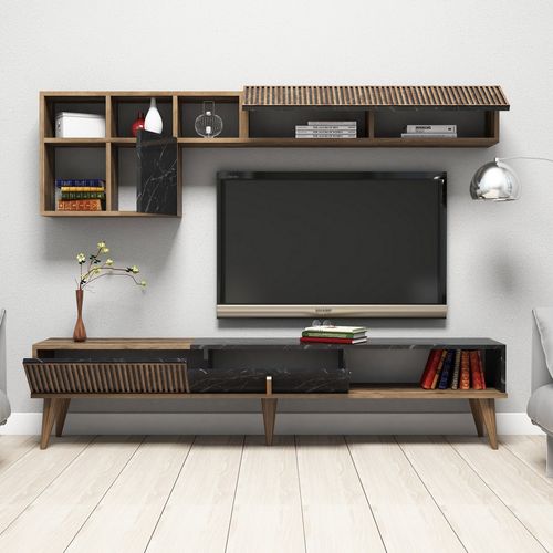 Esemble meuble TV en bois noyer et noir effet marbre Roma 180 cm - Photo n°3; ?>