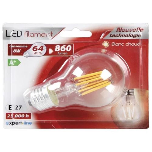 EXPERT LINE Ampoule LED E27 SMD a filament 8 W équivalent a 64 W blanc chaud - Photo n°2; ?>