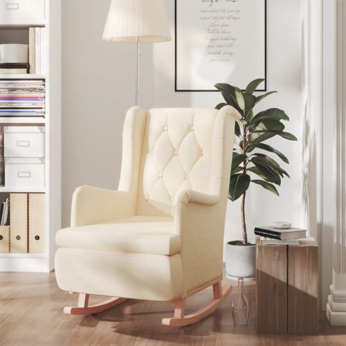 Fauteuil avec pieds à bascule en bois d'hévéa solide Crème Tissu - Photo n°2; ?>