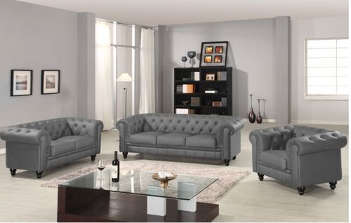 Fauteuil Chesterfield imitation cuir gris British - Photo n°3; ?>