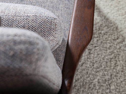 Fauteuil contemporain noyer massif et tissu beige Nouma - Photo n°2; ?>