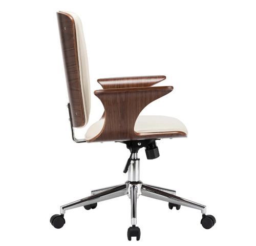 Chaise de bureau simili cuir beige et bois courbé foncé Cine