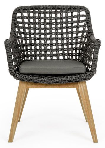 Fauteuil de jardin moderne tressage en corde noir et pieds en bois de teck Dikson - Lot de 2 - Photo n°2; ?>