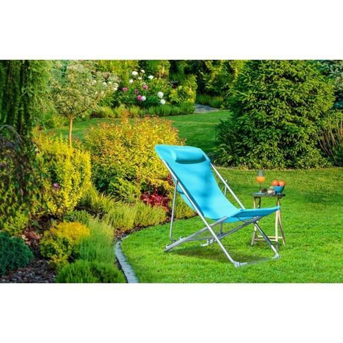 Fauteuil relax avec tetiere - Structure en acier et textilene - 3 positions - 57 x 56 x 74 cm - Bleu - Photo n°2; ?>