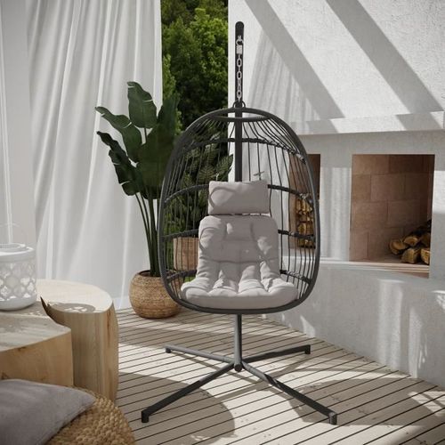 Fauteuil suspendu en résine tressée avec coussins et support - 1 personne - Gris clair - Photo n°2; ?>