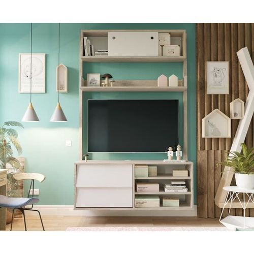 Meuble TV scandinave couleurs chene et blanc - L 110 cm - Photo n°2; ?>