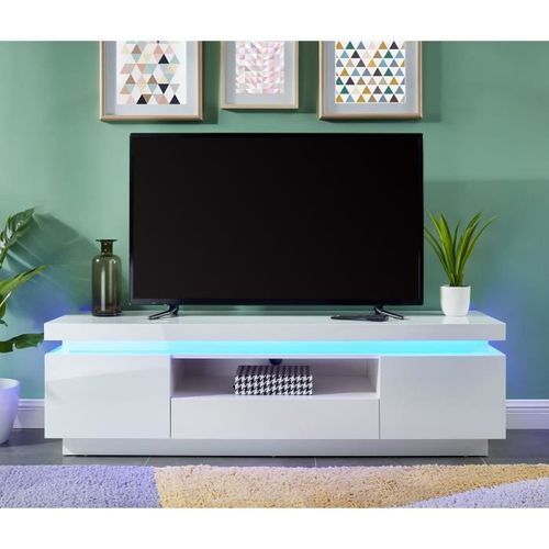 FLASH Meuble TV avec LED contemporain blanc laqué brillant - L 165 cm - Photo n°2; ?>