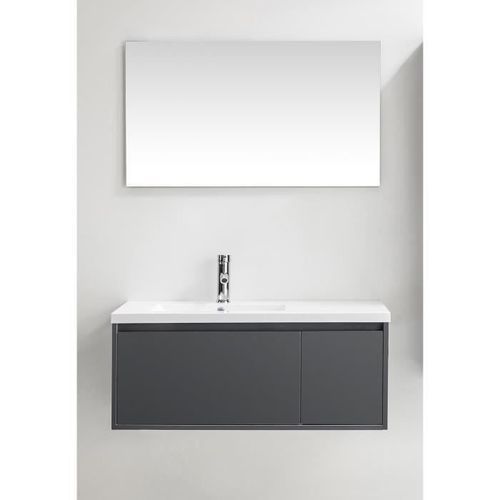 GIRONA Ensemble meubles de salle de bain simple vasque + miroir L 90 cm - Gris laqué brillant - Photo n°2; ?>