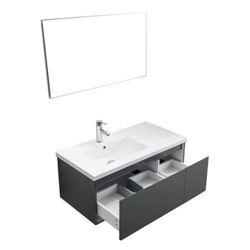 GIRONA Ensemble meubles de salle de bain simple vasque + miroir L 90 cm - Gris laqué brillant - Photo n°3; ?>