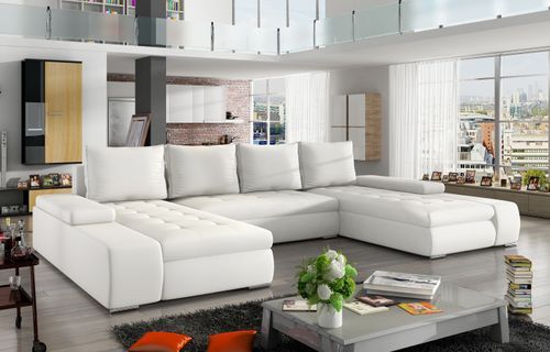Grand canapé convertible panoramique design simili cuir blanc avec coffre de rangement Tino 363 cm - Photo n°2; ?>