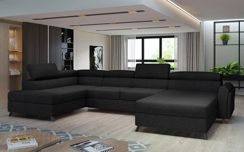 Grand canapé panoramique convertible tissu noir avec coffre Konba 370 cm - Photo n°2; ?>