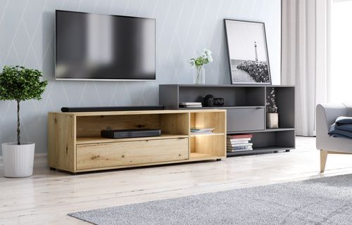 Grand meuble TV 2 portes avec LED bois naturel et gris anthracite Alizé 242 cm - Photo n°2; ?>