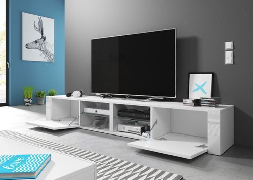 Grand meuble TV 2 portes blanc mat et blanc laqué Alka 200 cm - Photo n°3; ?>