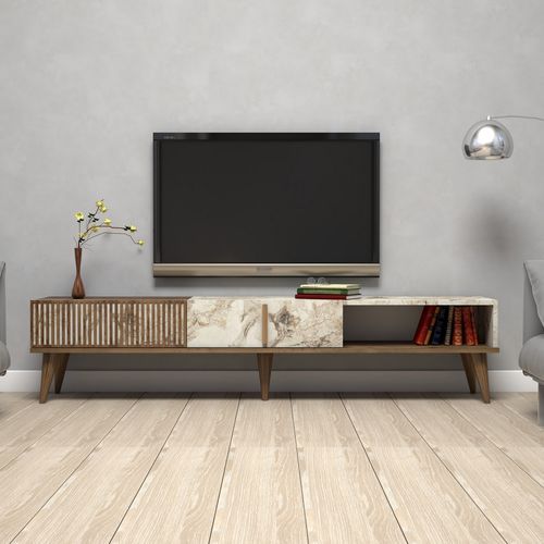 Grand meuble TV en bois noyer et blanc effet marbre 2 portes Roma 180 cm - Photo n°2; ?>