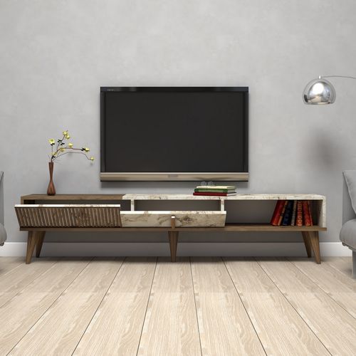Grand meuble TV en bois noyer et blanc effet marbre 2 portes Roma 180 cm - Photo n°3; ?>
