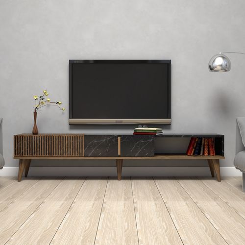 Grand meuble TV en bois noyer et noir effet marbre 2 portes Roma 180 cm - Photo n°2; ?>