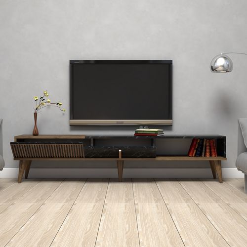 Grand meuble TV en bois noyer et noir effet marbre 2 portes Roma 180 cm - Photo n°3; ?>