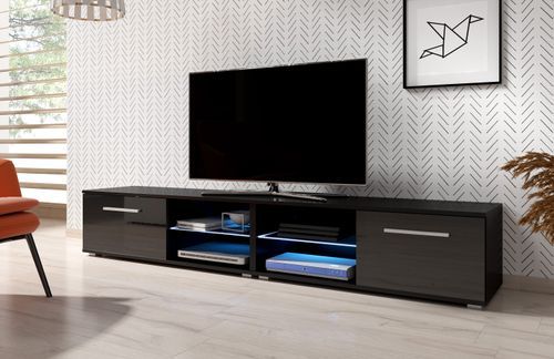 Grand meuble TV lumineux 2 portes noir mat et noir laqué Roxel 200 cm - Photo n°2; ?>
