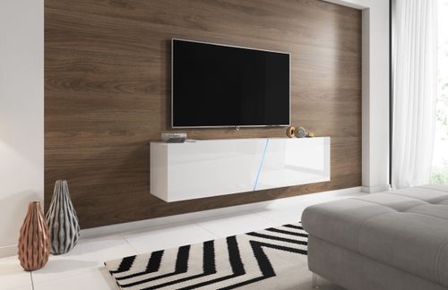 Grand meuble TV sur pied ou mural 2 portes avec Led blanc mat et blanc brillant Prago 160 cm - Photo n°2; ?>