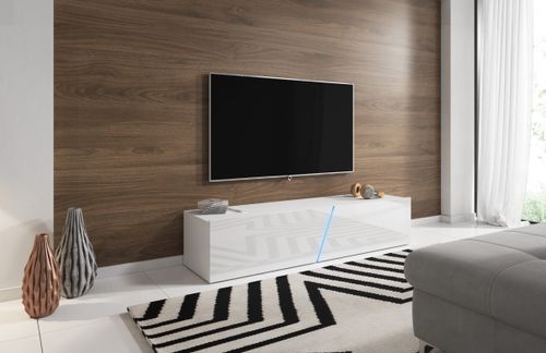 Grand meuble TV sur pied ou mural 2 portes avec Led blanc mat et blanc brillant Prago 160 cm - Photo n°3; ?>
