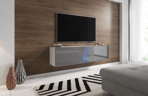 Grand meuble TV sur pied ou mural 2 portes avec Led blanc mat et gris brillant Prago 160 cm - Photo n°2; ?>
