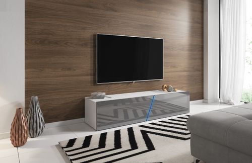 Grand meuble TV sur pied ou mural 2 portes avec Led blanc mat et gris brillant Prago 160 cm - Photo n°3; ?>