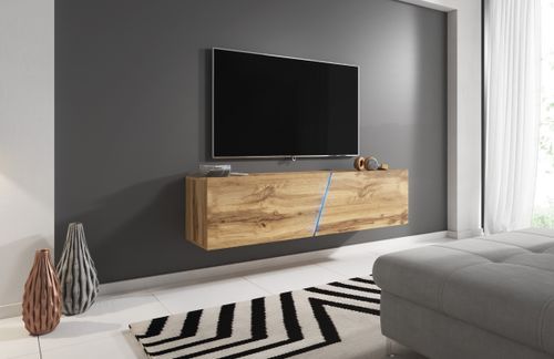 Grand meuble TV sur pied ou mural 2 portes avec Led bois naturel Prago 160 cm - Photo n°2; ?>