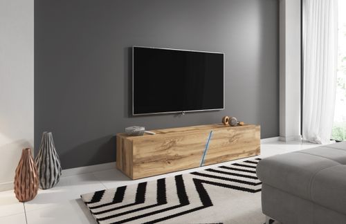 Grand meuble TV sur pied ou mural 2 portes avec Led bois naturel Prago 160 cm - Photo n°3; ?>
