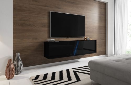 Grand meuble TV sur pied ou mural 2 portes avec Led noir mat et noir brillant Prago 160 cm - Photo n°2; ?>
