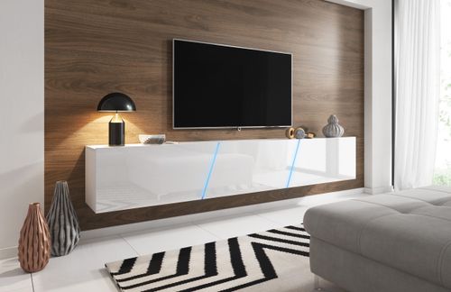 Grand meuble TV sur pied ou mural 3 portes avec Led blanc mat et blanc brillant Prago 240 cm - Photo n°2; ?>