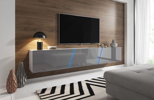 Grand meuble TV sur pied ou mural 3 portes avec Led blanc mat et gris brillant Prago 240 cm - Photo n°2; ?>