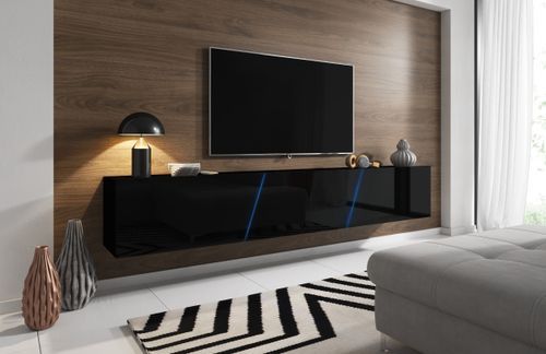 Grand meuble TV sur pied ou mural 3 portes avec Led noir mat et noir brillant Prago 240 cm - Photo n°2; ?>