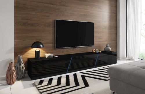 Grand meuble TV sur pied ou mural 3 portes avec Led noir mat et noir brillant Prago 240 cm - Photo n°3; ?>