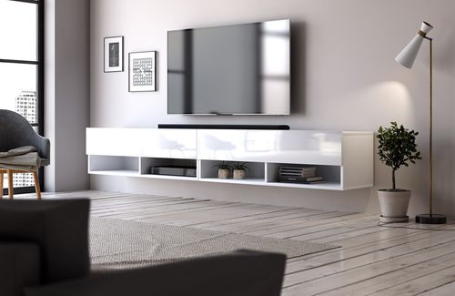 Grand meuble TV suspendu 2 portes bois blanc Kestane 200 cm - Photo n°2; ?>