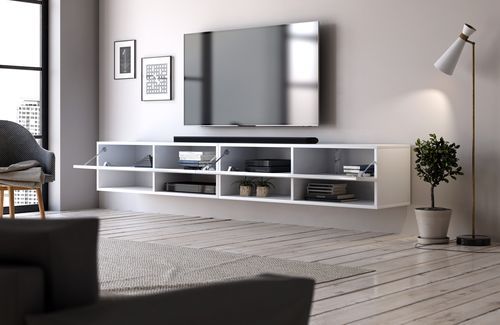 Grand meuble TV suspendu 2 portes bois blanc Kestane 200 cm - Photo n°3; ?>