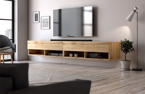 Grand meuble TV suspendu 2 portes bois clair Kestane 280 cm - Photo n°2; ?>