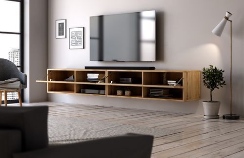 Grand meuble TV suspendu 2 portes bois clair Kestane 280 cm - Photo n°3; ?>