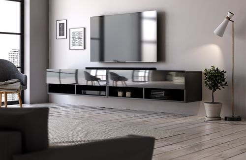 Grand meuble TV suspendu 2 portes bois noir Kestane 200 cm - Photo n°2; ?>
