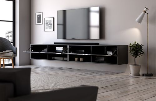Grand meuble TV suspendu 2 portes bois noir Kestane 200 cm - Photo n°3; ?>