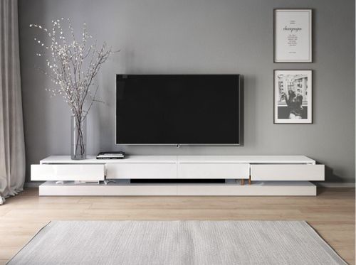 Grand meuble TV suspendu 4 tiroirs bois blanc et blanc laqué Kapan 280 cm - Photo n°3; ?>