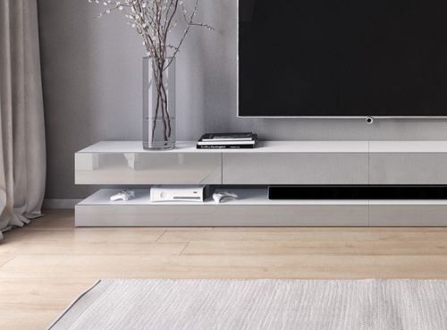 Grand meuble TV suspendu 4 tiroirs bois blanc et gris laqué Kapan 280 cm - Photo n°3; ?>