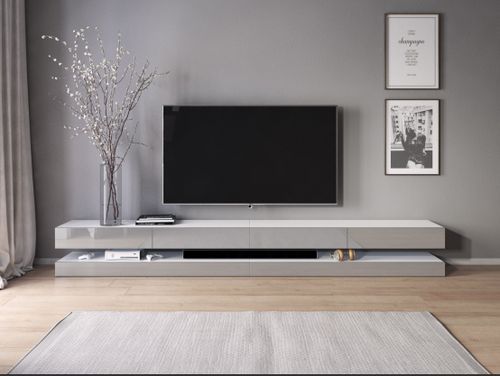 Grand meuble TV suspendu avec Led 4 tiroirs bois blanc mat et gris laqué Kapan 280 cm - Photo n°3; ?>