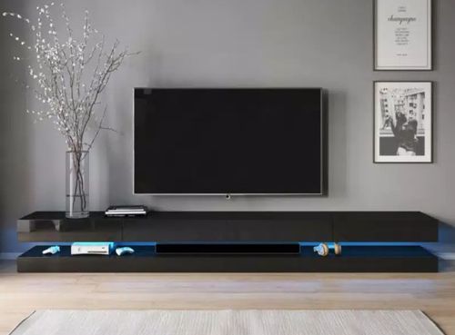 Grand meuble TV suspendu avec Led 4 tiroirs bois noir laqué Kapan 280 cm - Photo n°2; ?>