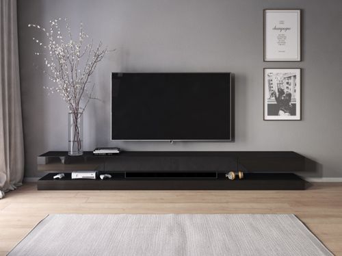 Grand meuble TV suspendu avec Led 4 tiroirs bois noir laqué Kapan 280 cm - Photo n°3; ?>