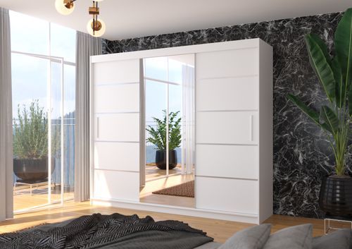 Grande armoire de chambre à coucher 3 portes coulissantes blanches et alu avec miroir Cindy 250 cm - Photo n°2; ?>