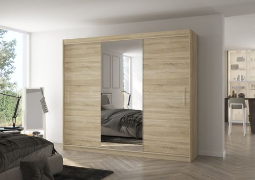 Grande armoire de chambre à coucher 3 portes coulissantes bois clair et miroir Dany 250 cm - Photo n°2; ?>