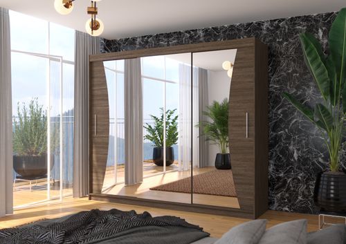 Grande armoire de chambre à coucher 3 portes coulissantes bois foncé et miroir Douko 250 cm - Photo n°2; ?>