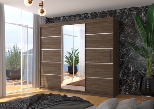 Grande armoire de chambre à coucher 3 portes coulissantes marron et alu avec miroir Cindy 250 cm - Photo n°2; ?>