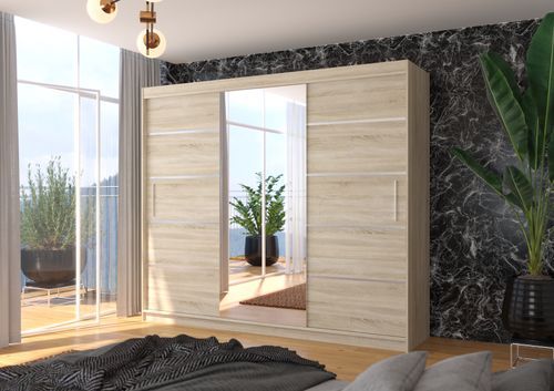 Grande armoire de chambre à coucher 3 portes coulissantes naturel et alu avec miroir Cindy 250 cm - Photo n°2; ?>